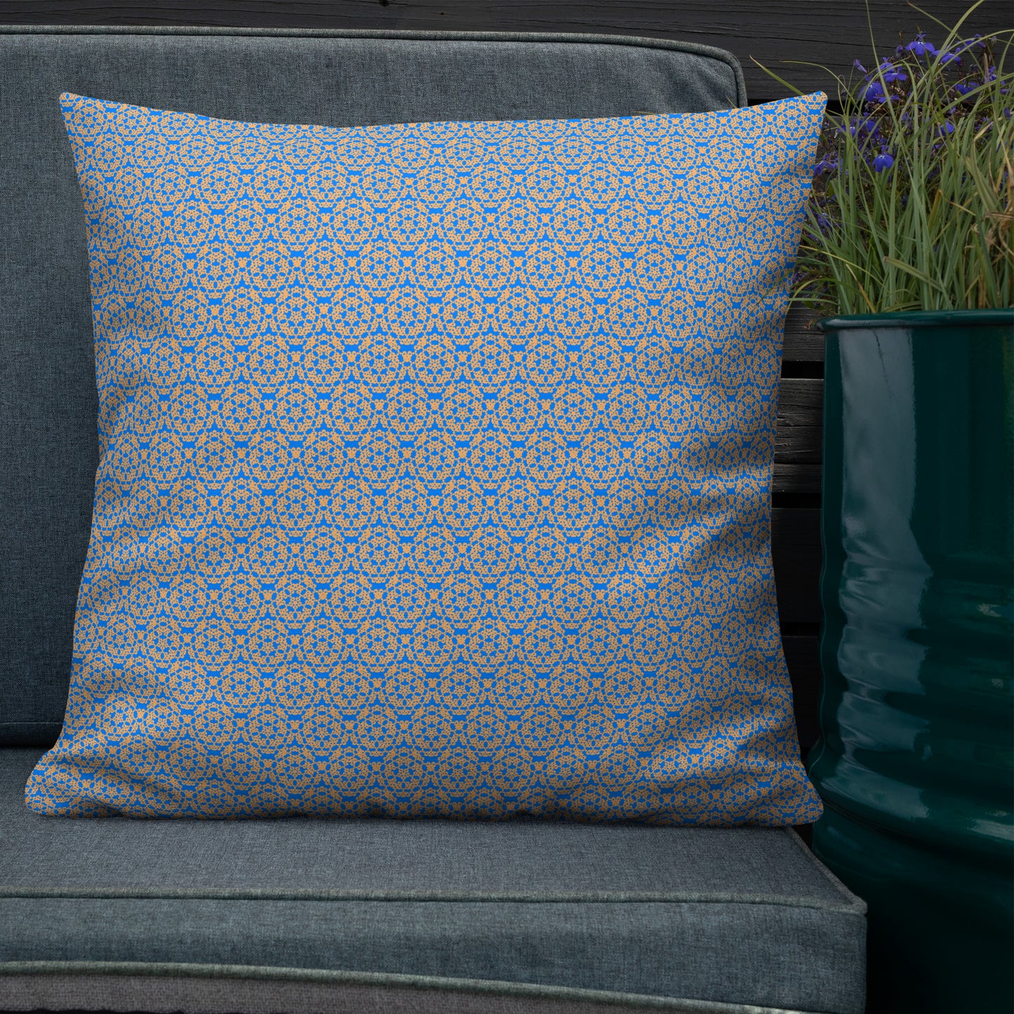 22″×22″ premium throw pillow with the 'Pentagon' blue and yellow geometric pattern shown in a lifestyle setting.