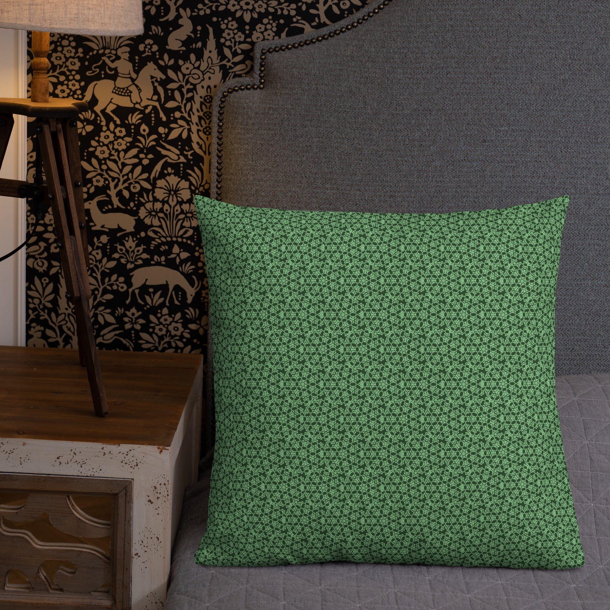 22″×22″ premium throw pillow with the 'Heptagon' green geometric pattern shown in a lifestyle setting.