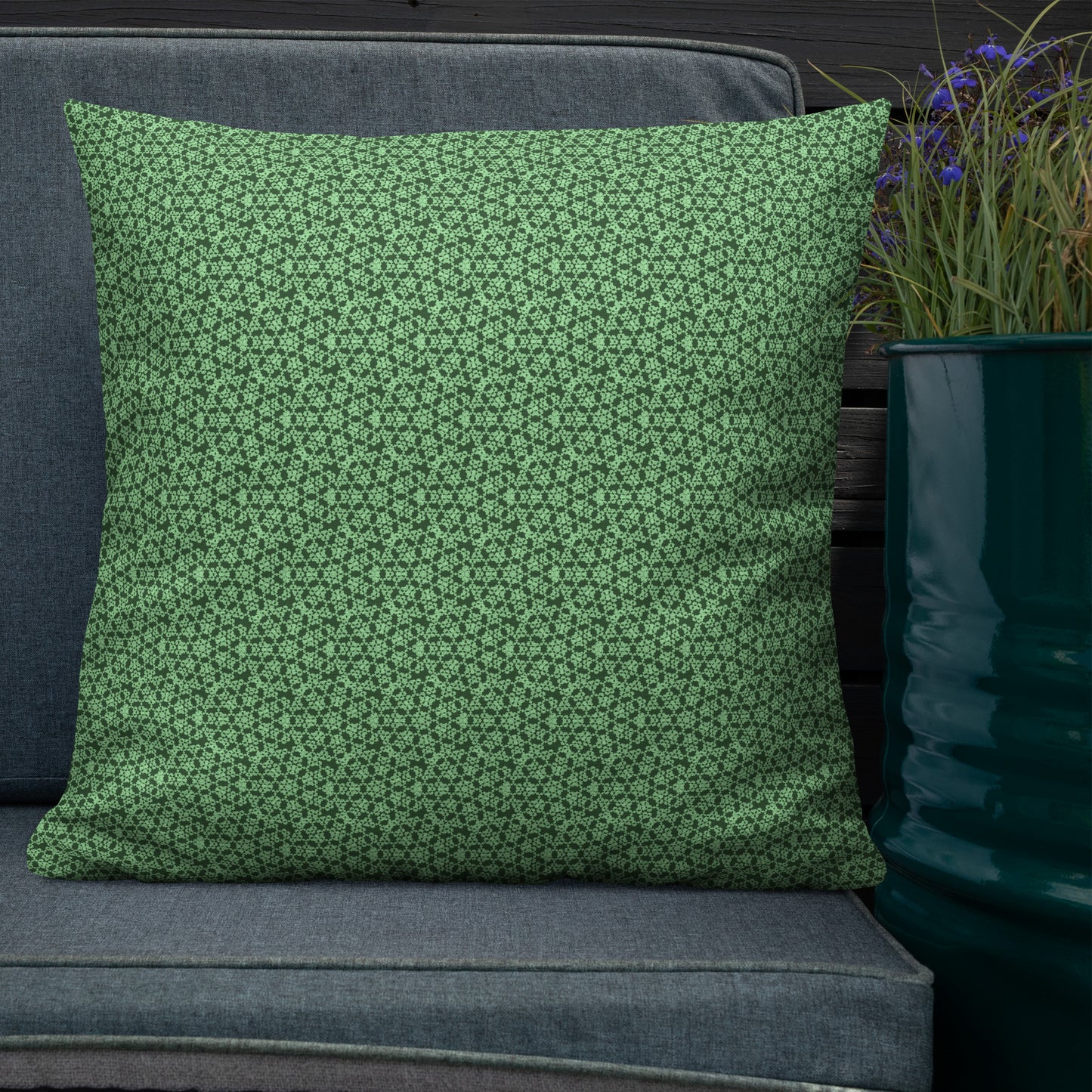 22″×22″ premium throw pillow with the 'Heptagon' green geometric pattern shown in a lifestyle setting.