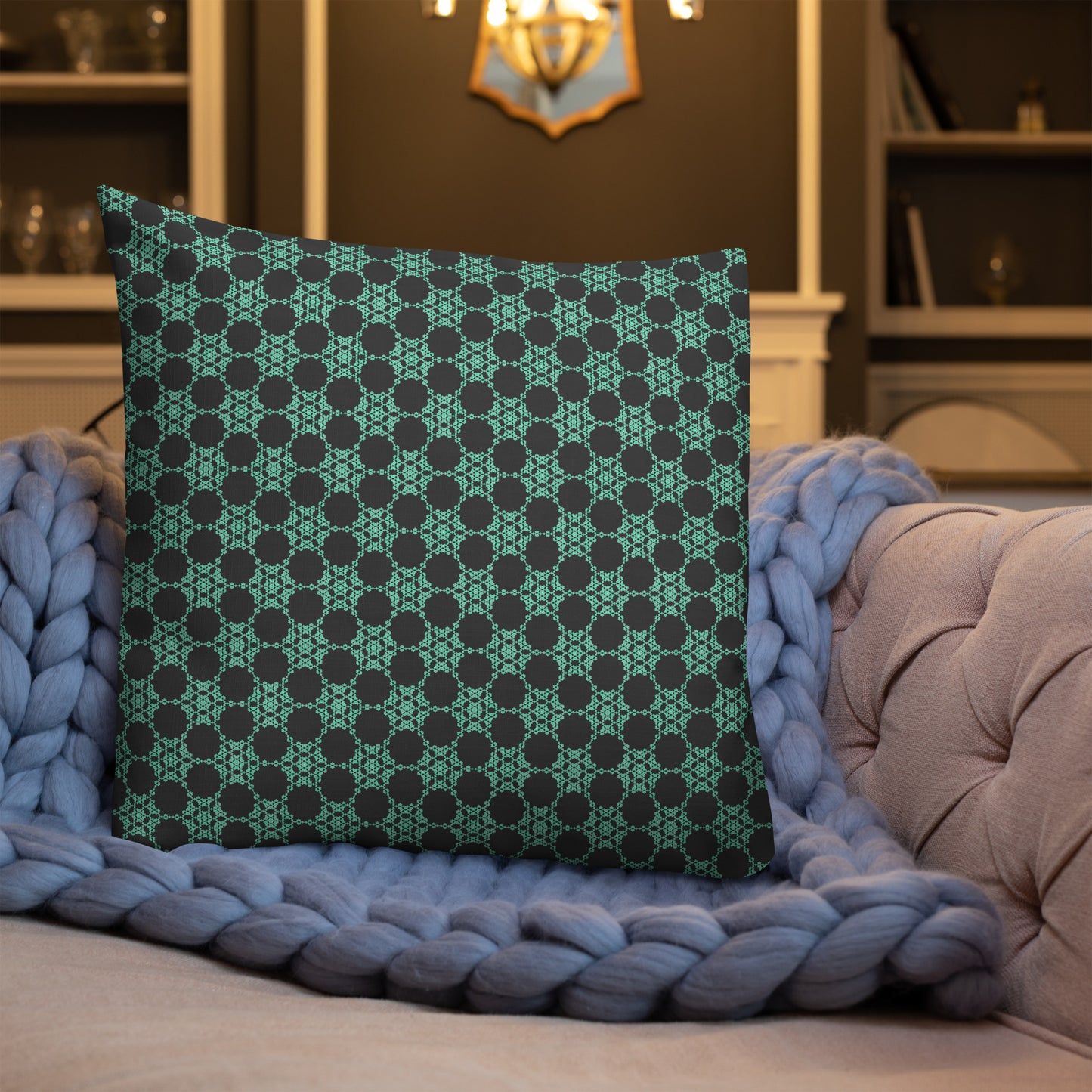 22″×22″ premium throw pillow with the 'Flowers Victory' charcoal and mint geometric pattern shown in a lifestyle setting.
