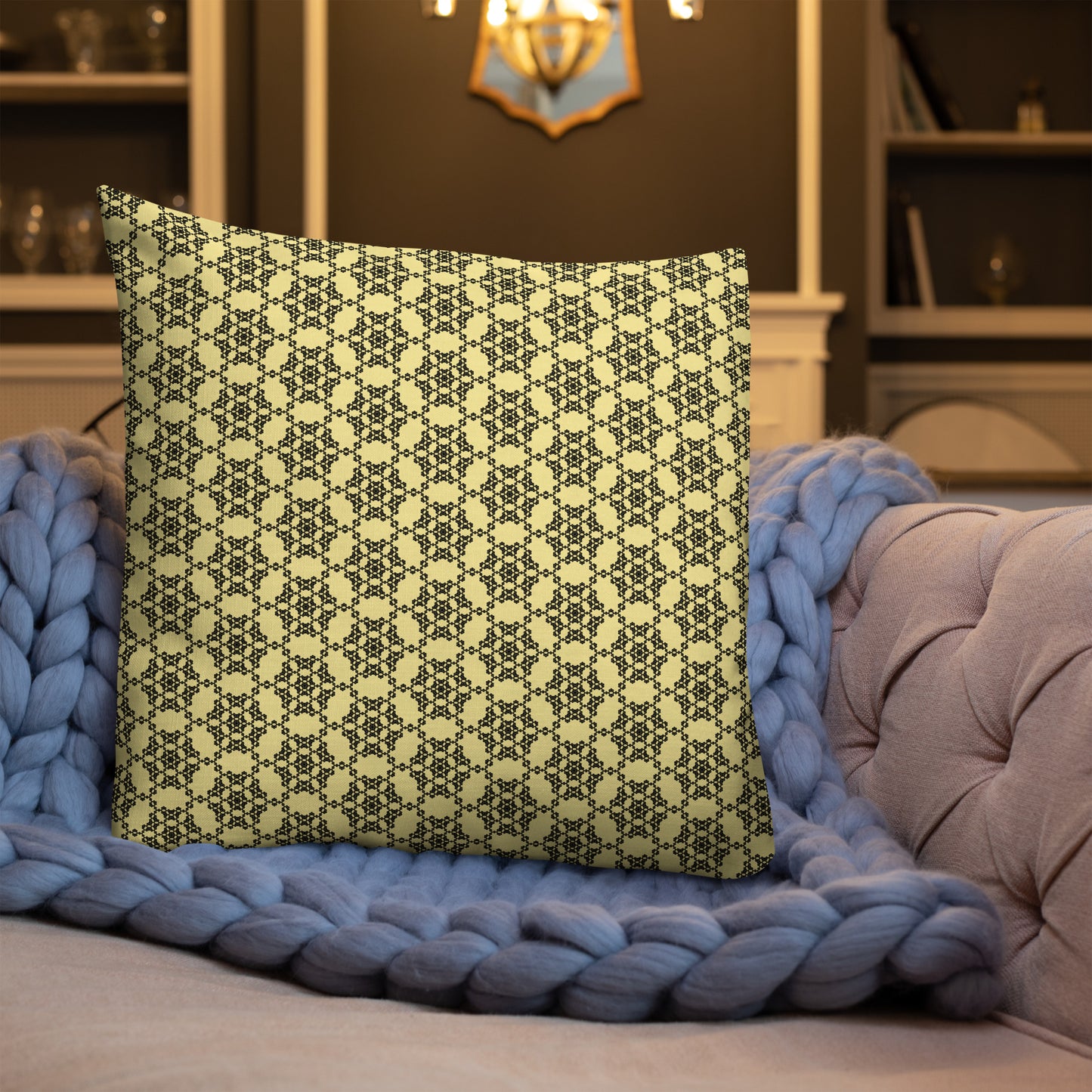 22″×22″ premium throw pillow with the 'Hexagon' yellow and black geometric pattern shown in a lifestyle setting.