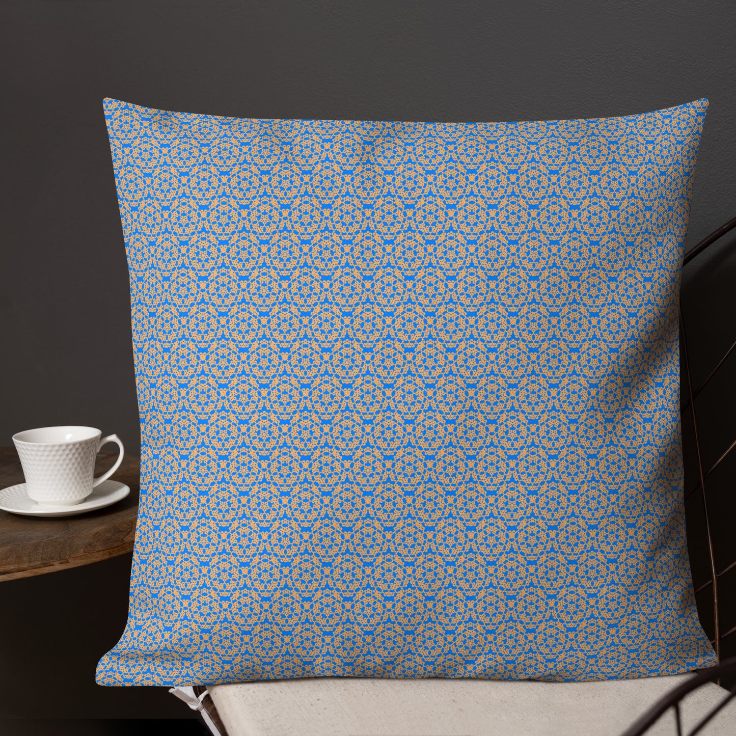 22″×22″ premium throw pillow with the 'Pentagon' blue and yellow geometric pattern shown in a lifestyle setting.