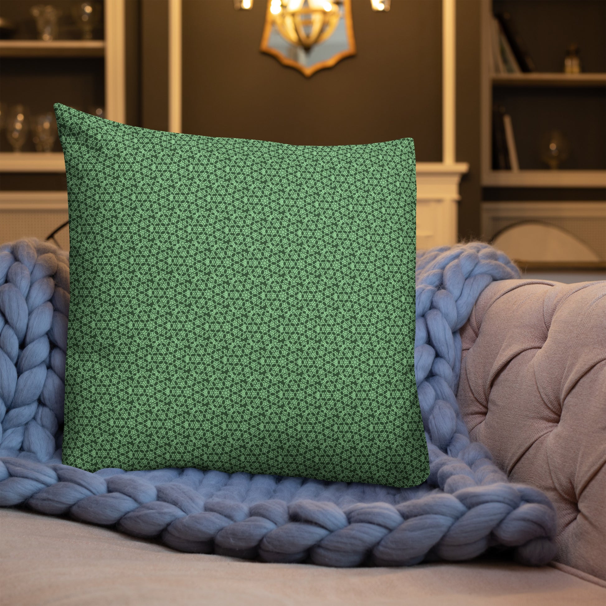 22″×22″ premium throw pillow with the 'Heptagon' green geometric pattern shown in a lifestyle setting.
