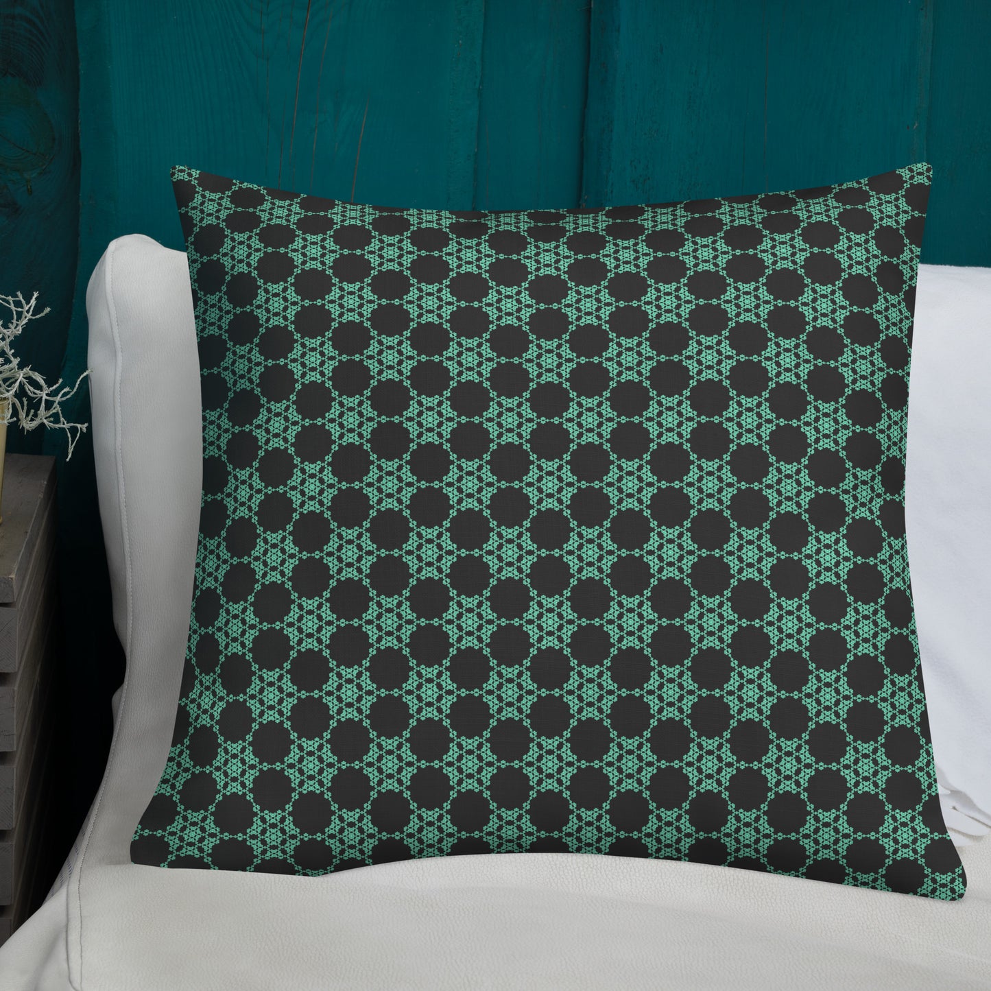 22″×22″ premium throw pillow with the 'Flowers Victory' charcoal and mint geometric pattern shown in a lifestyle setting.