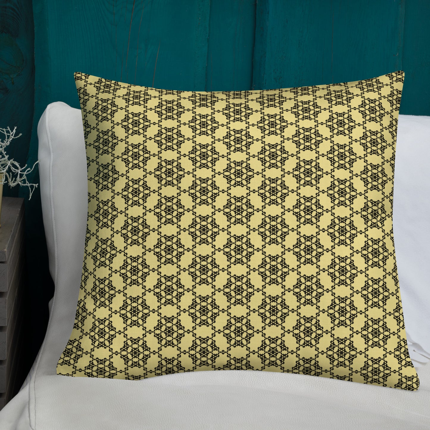 22″×22″ premium throw pillow with the 'Hexagon' yellow and black geometric pattern shown in a lifestyle setting.