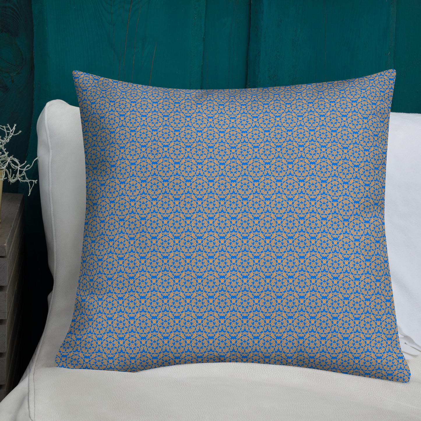 22″×22″ premium throw pillow with the 'Pentagon' blue and yellow geometric pattern shown in a lifestyle setting.