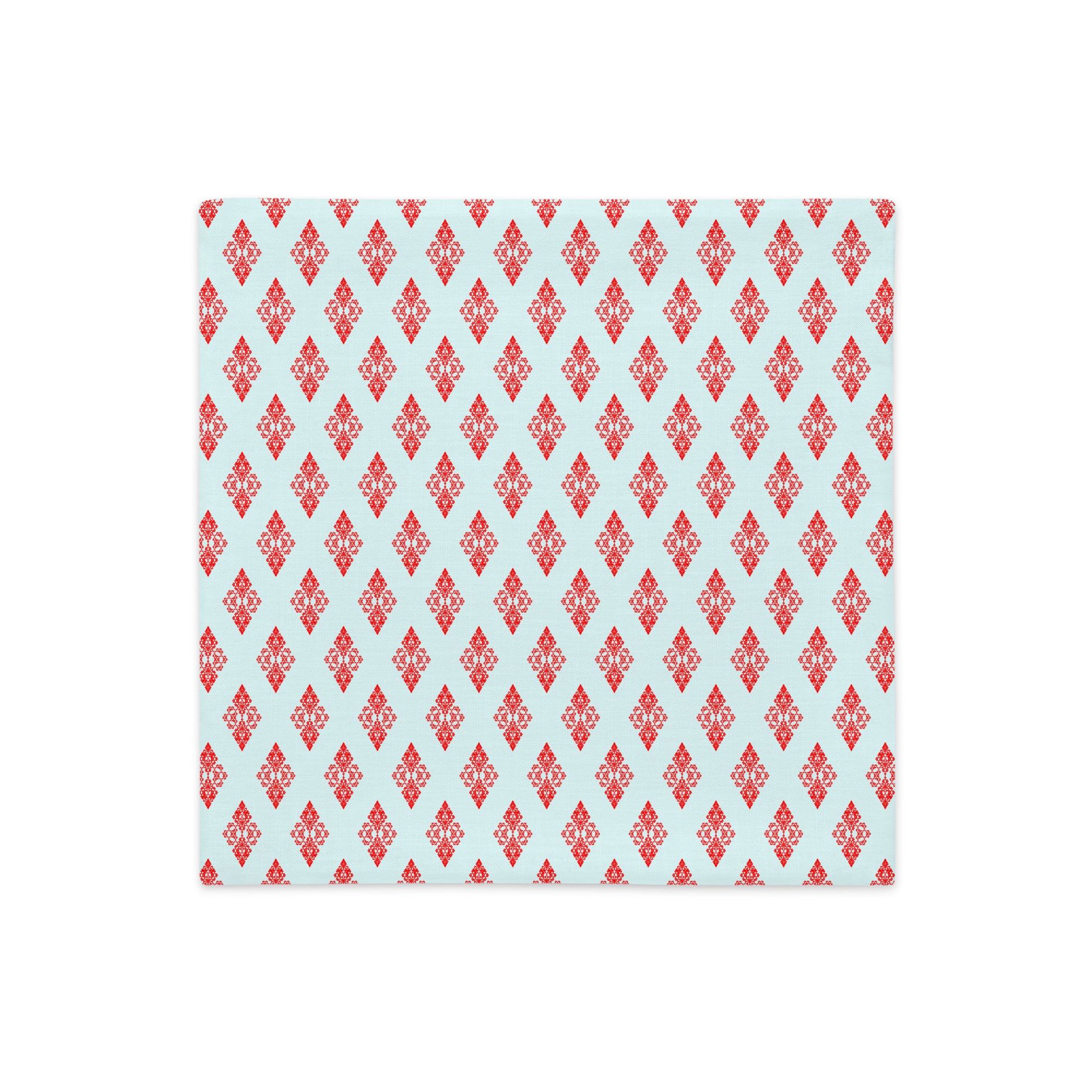 Back of the 18″×18″ premium throw pillow cover with the 'Digon' sky blue and red geometric pattern.