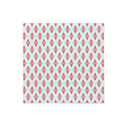Back of the 18″×18″ premium throw pillow cover with the 'Digon' sky blue and red geometric pattern.