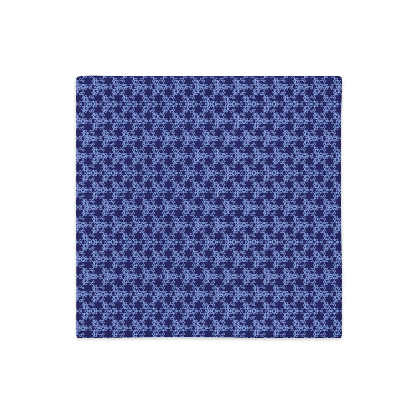 Back of the 18″×18″ premium throw pillow cover with the 'Trigon' navy and blue geometric pattern.