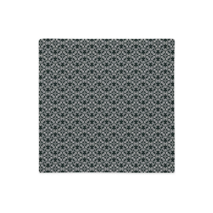 Back of the 18″×18″ premium throw pillow cover with the 'Tetragon' charcoal and white geometric pattern.