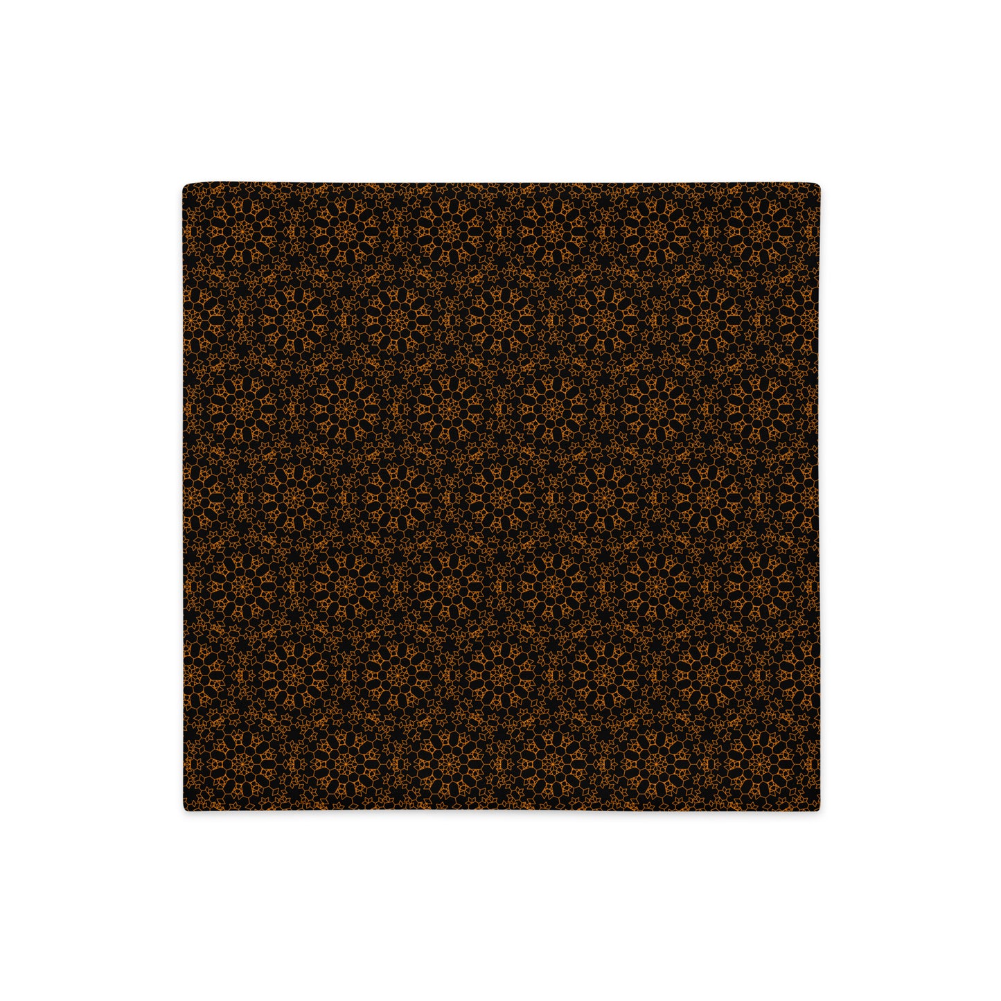 Back of the 18″×18″ premium throw pillow cover with the 'Enneagon' black & gold geometric pattern.
