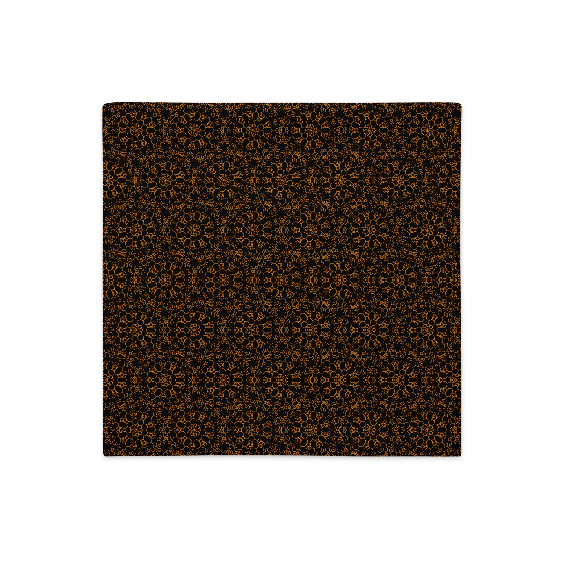 Back of the 18″×18″ premium throw pillow cover with the 'Enneagon' black & gold geometric pattern.