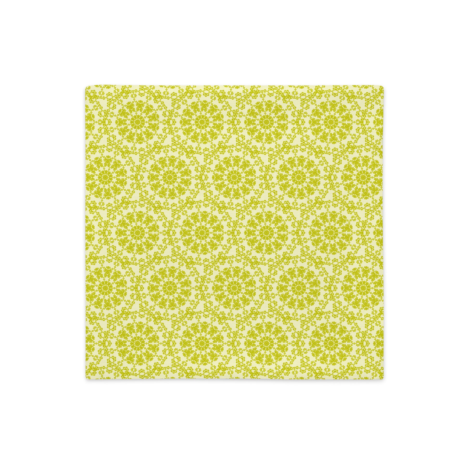 Back of the 18″×18″ premium throw pillow cover with the 'Hendecagon' yellow-green geometric pattern