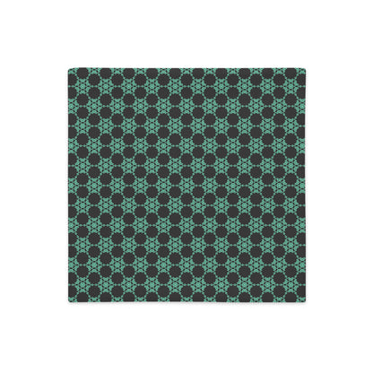Front of the 18″×18″ premium throw pillow cover with the 'Flowers Victory' dark grey and green geometric pattern.