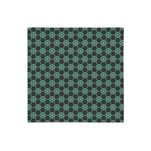 Front of the 18″×18″ premium throw pillow cover with the 'Flowers Victory' dark grey and green geometric pattern.
