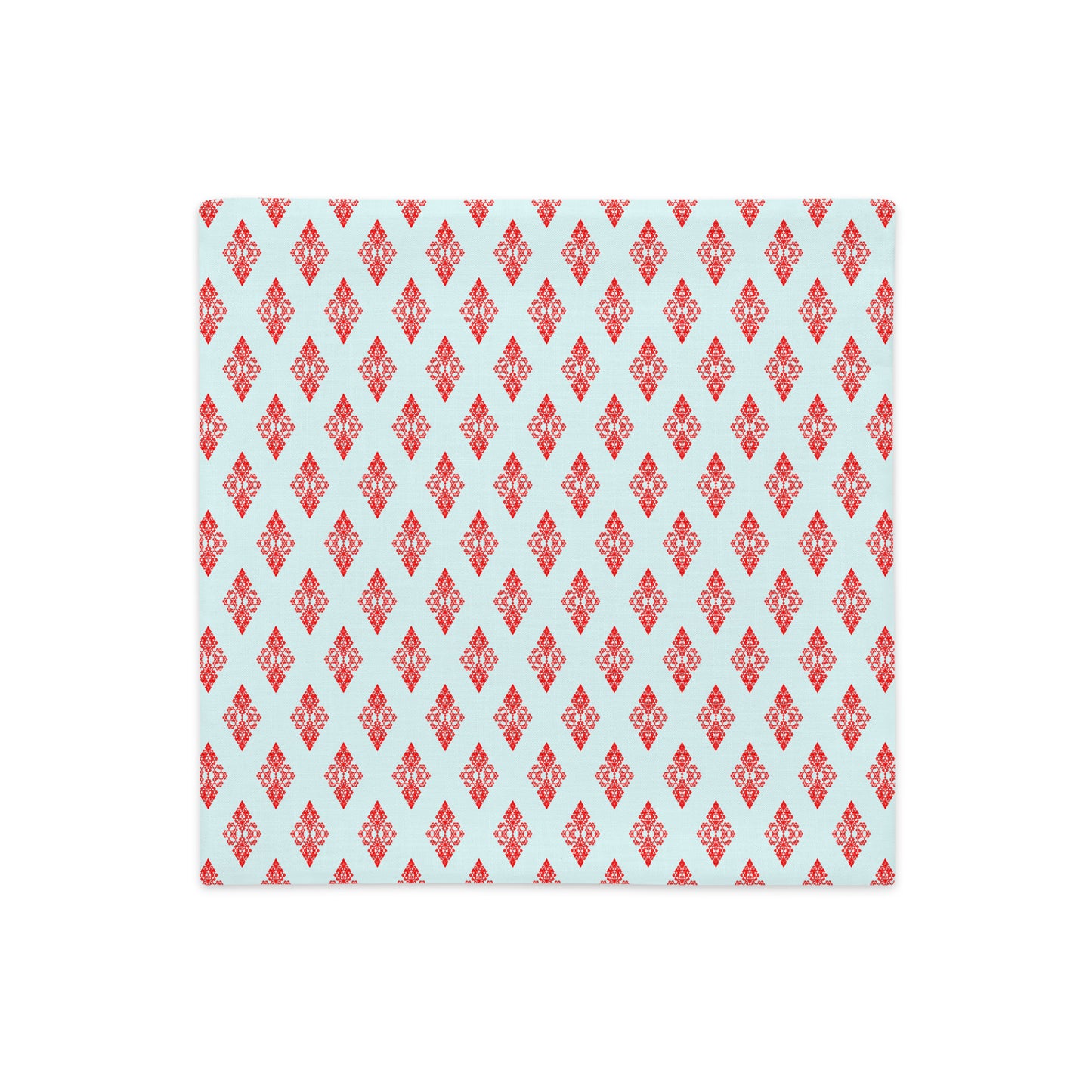 Front of the 18″×18″ premium throw pillow cover with the 'Digon' sky blue and red geometric pattern.