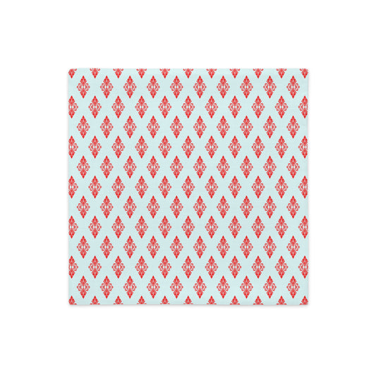 Front of the 18″×18″ premium throw pillow cover with the 'Digon' sky blue and red geometric pattern.