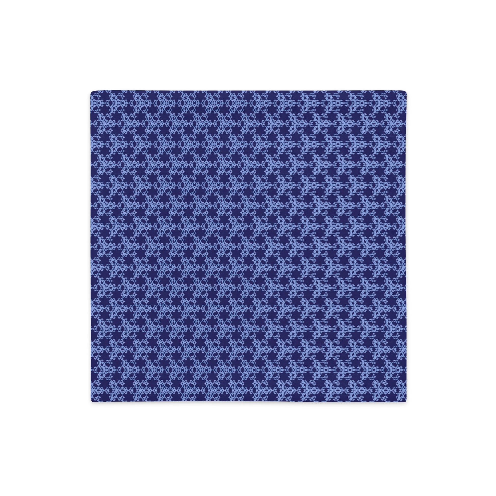 Front of the 18″×18″ premium throw pillow cover with the 'Trigon' navy and blue geometric pattern.