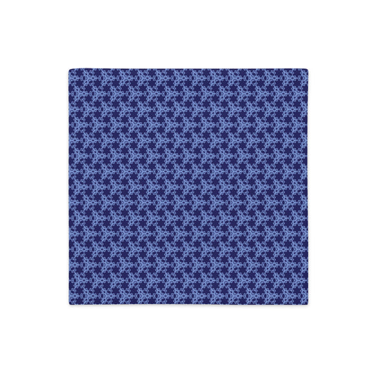 Front of the 18″×18″ premium throw pillow cover with the 'Trigon' navy and blue geometric pattern.