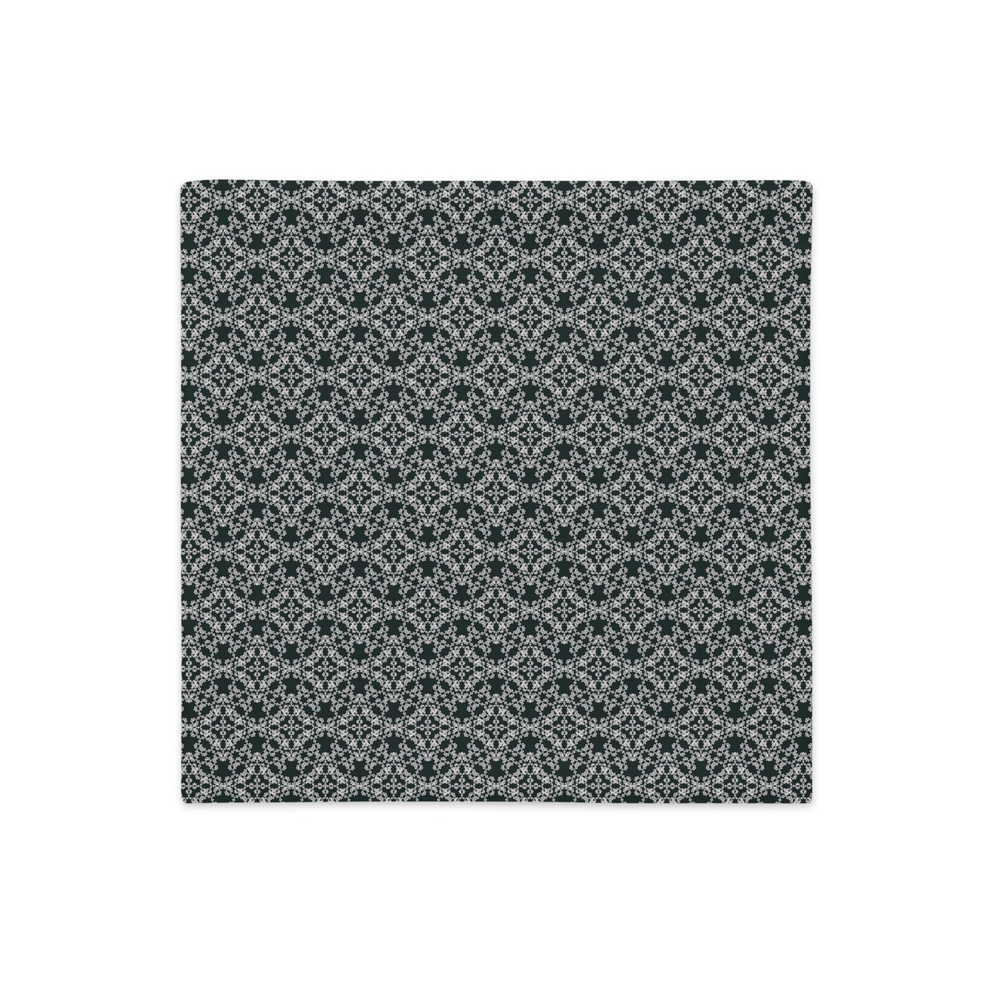 Front of the 18″×18″ premium throw pillow cover with the 'Tetragon' charcoal and white geometric pattern.