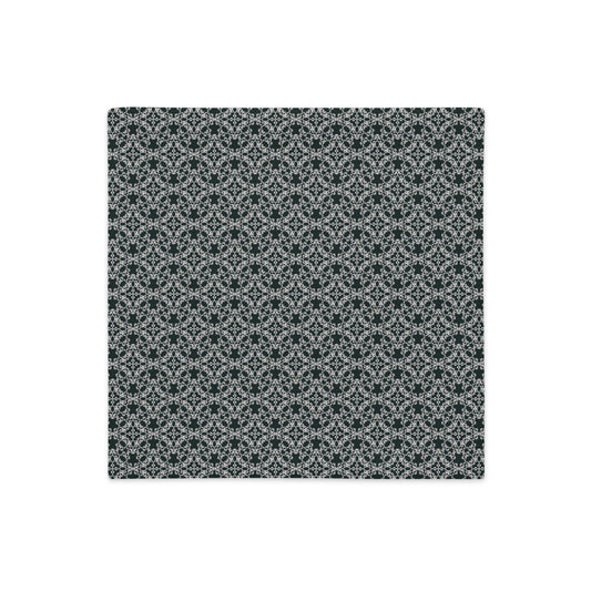 Front of the 18″×18″ premium throw pillow cover with the 'Tetragon' charcoal and white geometric pattern.