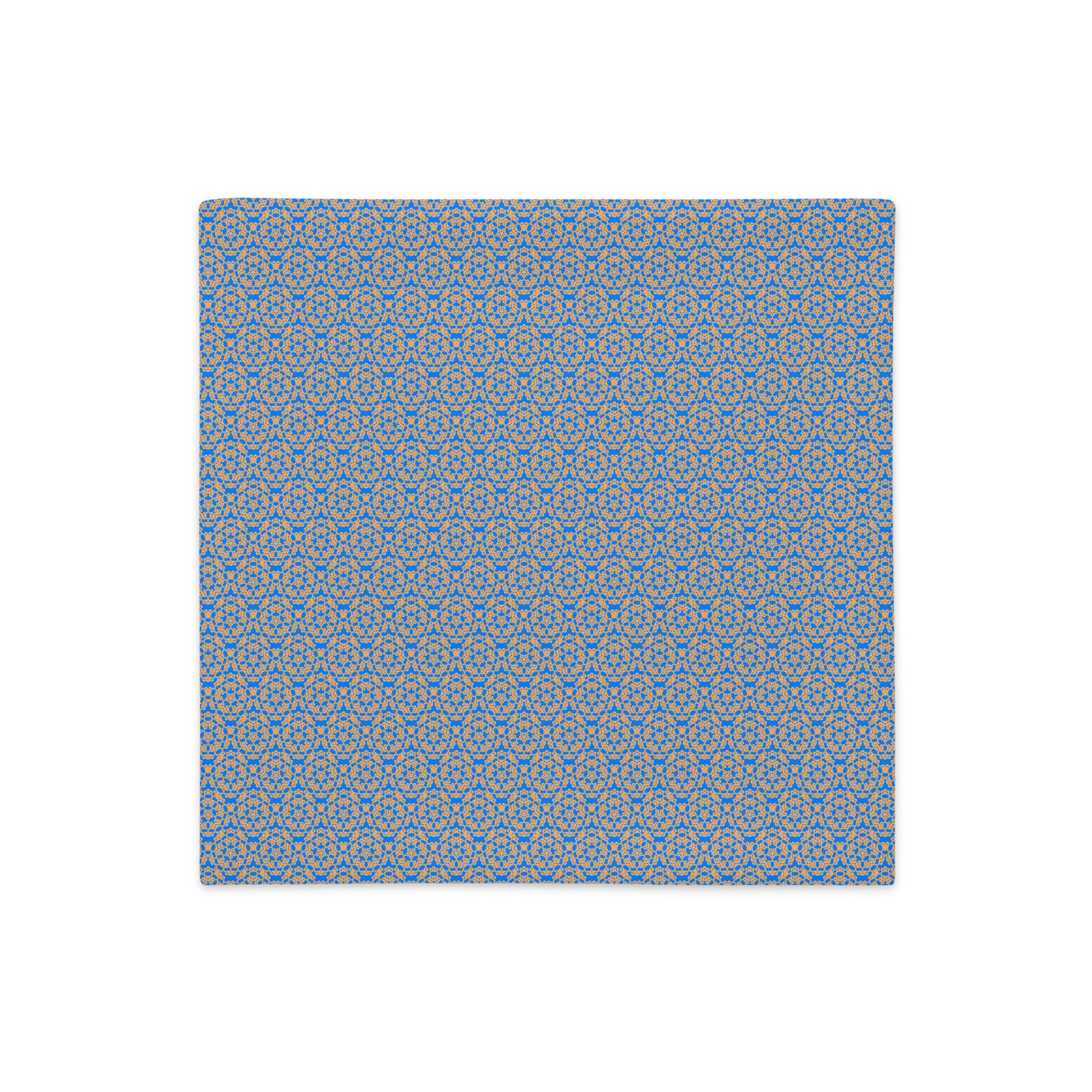 Front of the 18″×18″ premium throw pillow cover with the 'Pentagon' blue and yellow geometric pattern.