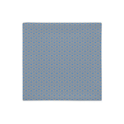 Front of the 18″×18″ premium throw pillow cover with the 'Pentagon' blue and yellow geometric pattern.