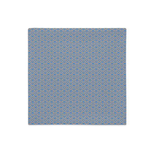 Front of the 18″×18″ premium throw pillow cover with the 'Pentagon' blue and yellow geometric pattern.