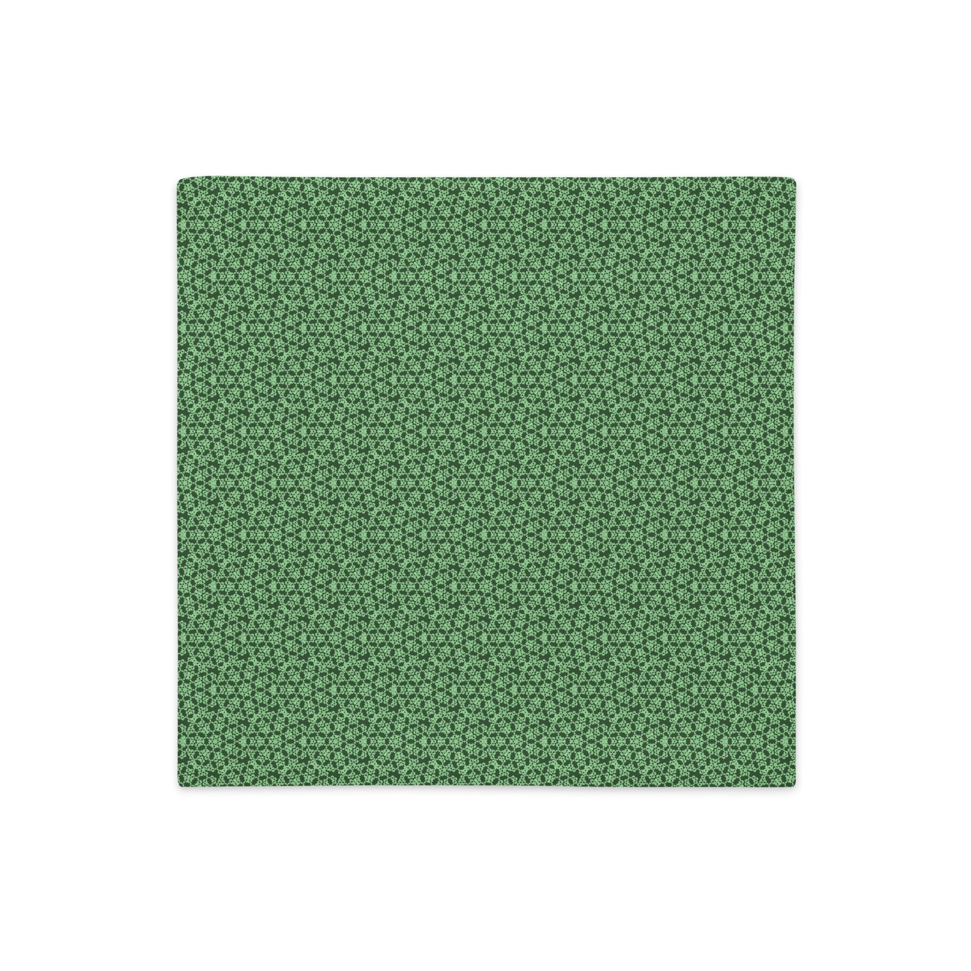 Front of the 18″×18″ premium throw pillow cover with the 'Heptagon' green geometric pattern.