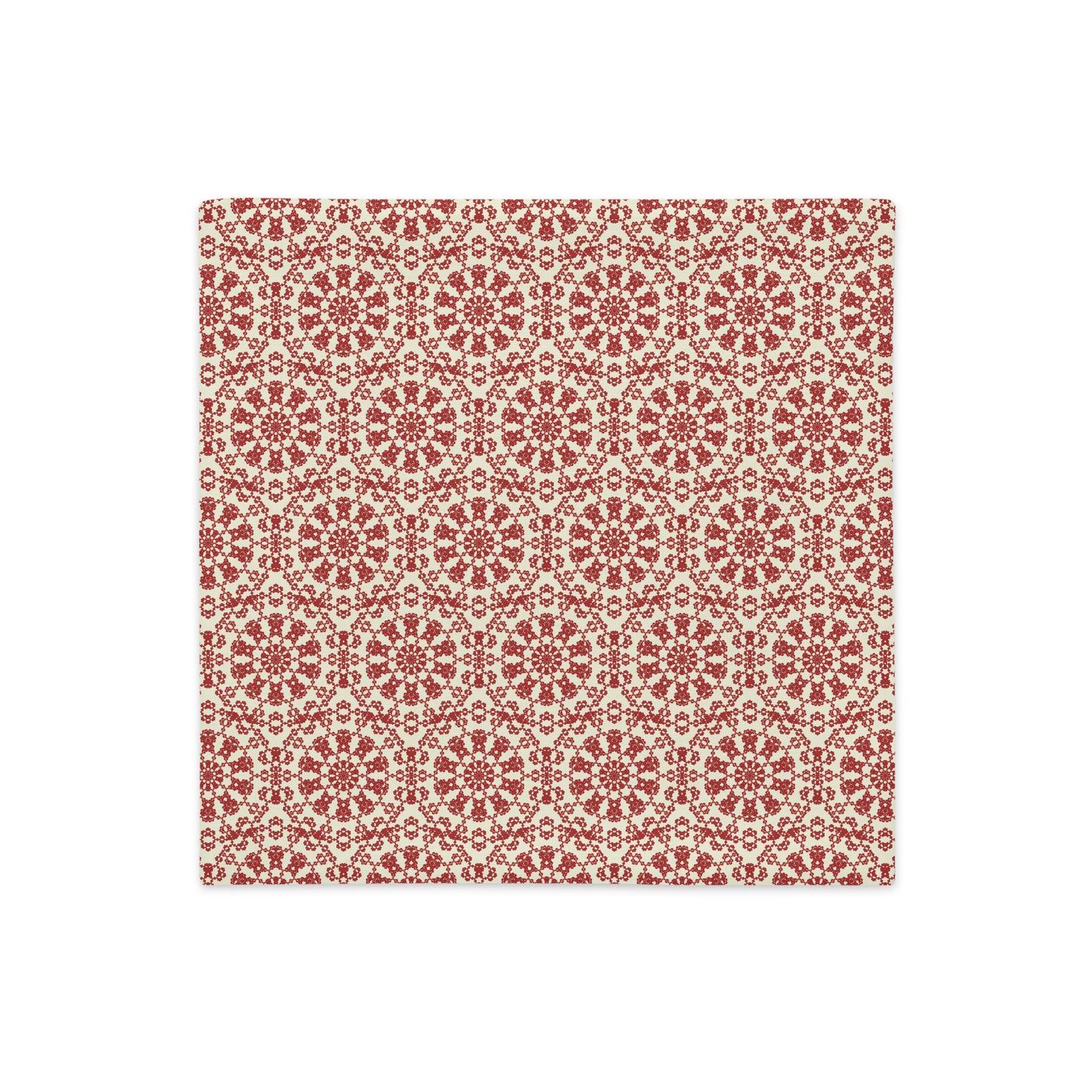 Front of the 18″×18″ premium throw pillow cover with the ‘Decagon’ terracotta and beige geometric pattern.