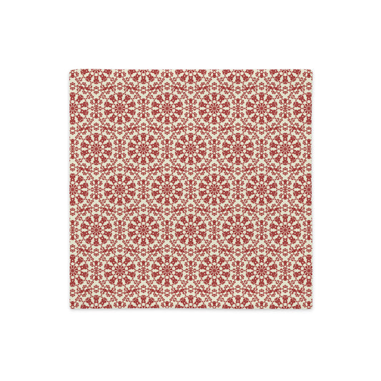Front of the 18″×18″ premium throw pillow cover with the ‘Decagon’ terracotta and beige geometric pattern.