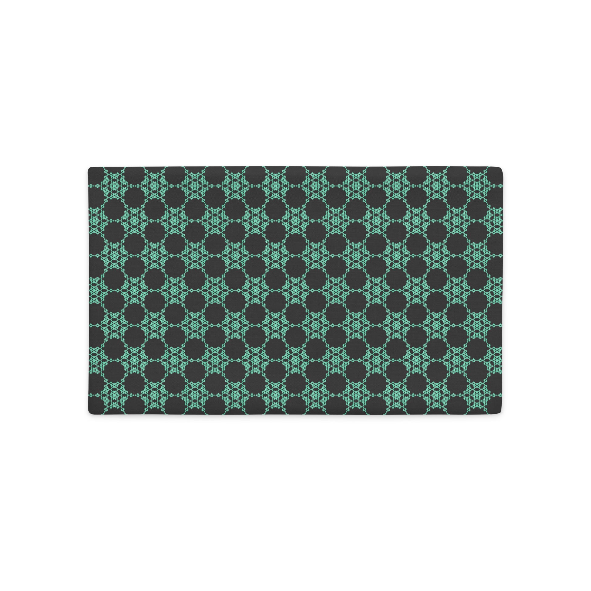 Back of the 20″×12″ premium throw pillow cover with the 'Flowers Victory' dark grey and green geometric pattern.