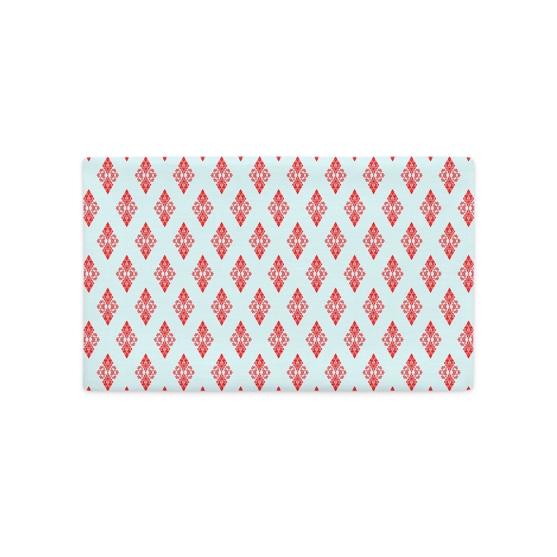 Back of the 20″×12″ premium throw pillow cover with the 'Digon' sky blue and red geometric pattern.