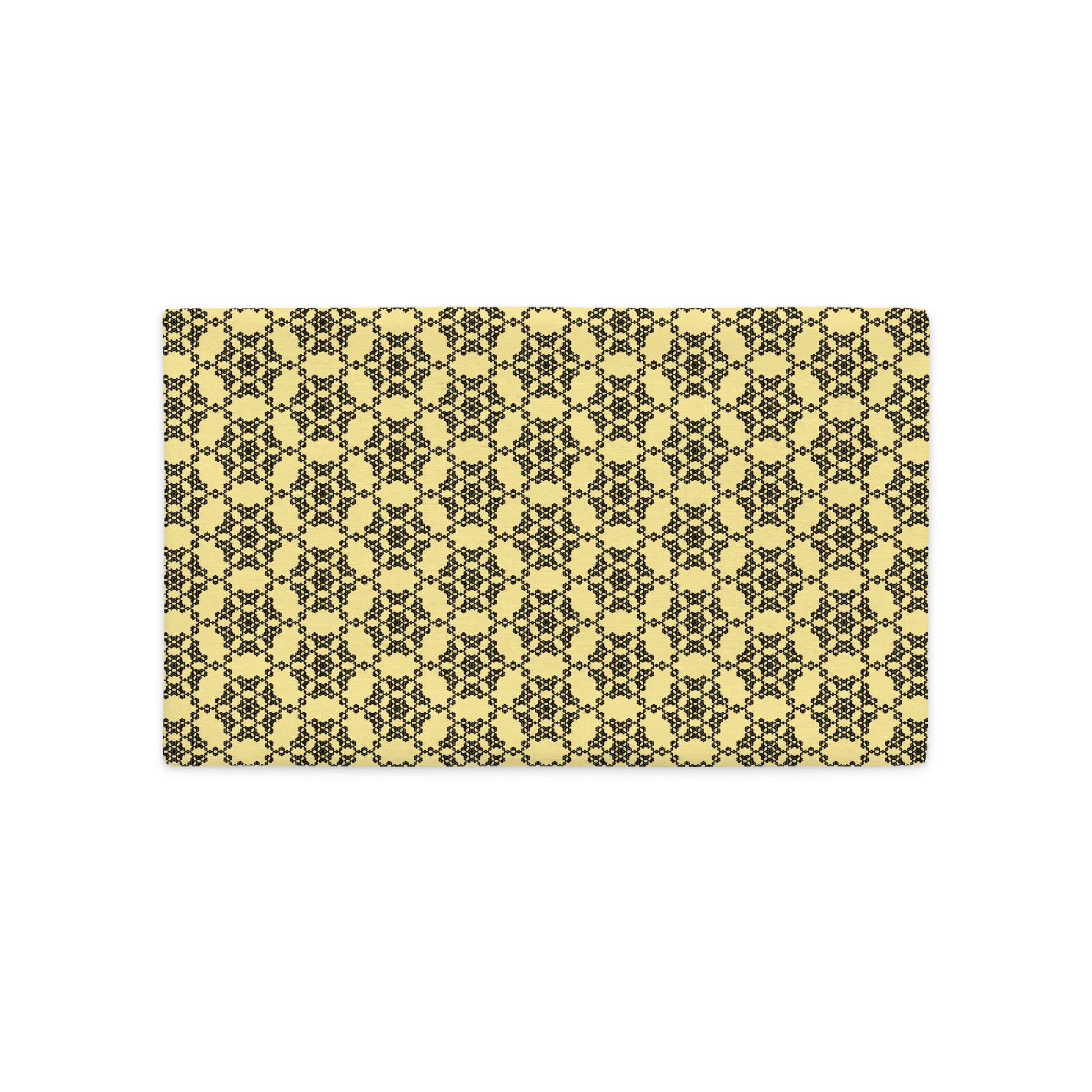 Back of the 18″×18″ premium throw pillow cover with the 'Hexagon' yellow and black geometric pattern.