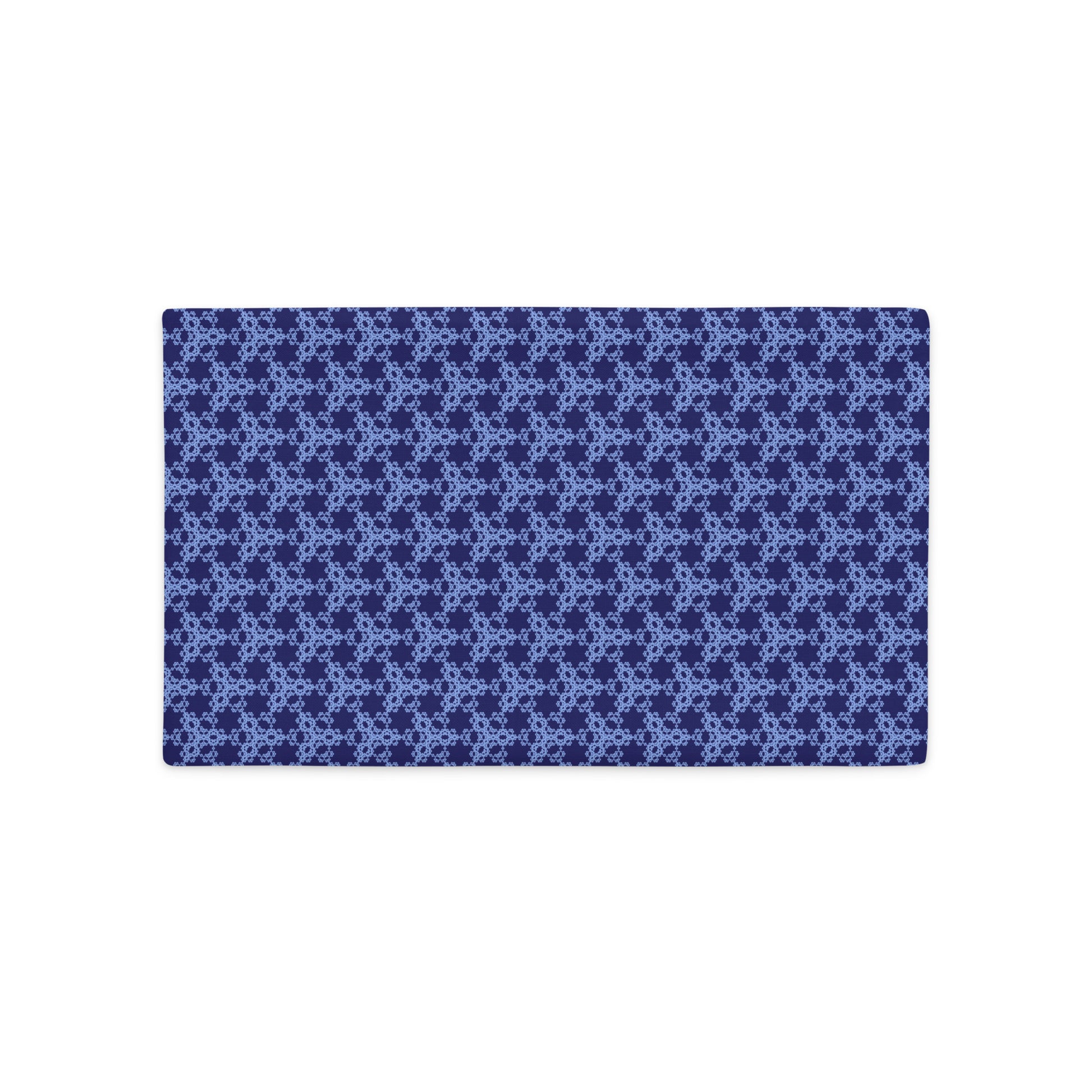 Back of the 20″×12″ premium throw pillow cover with the 'Trigon' navy and blue geometric pattern.