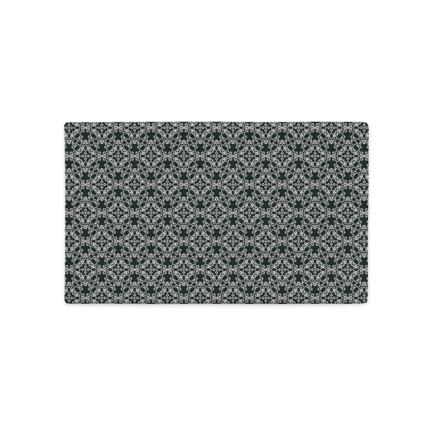 Back of the 18″×18″ premium throw pillow cover with the 'Tetragon' charcoal and white geometric pattern.