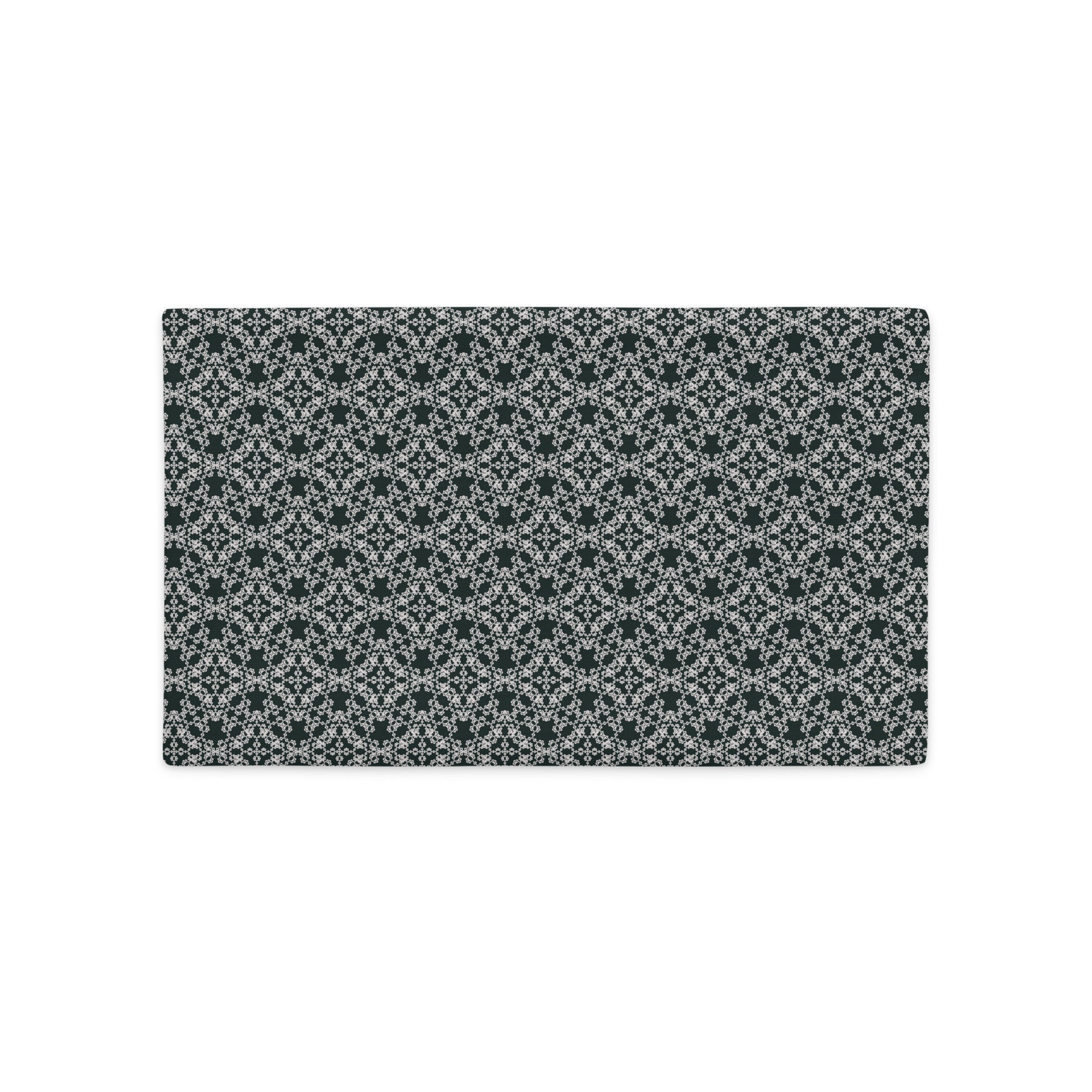 Back of the 18″×18″ premium throw pillow cover with the 'Tetragon' charcoal and white geometric pattern.