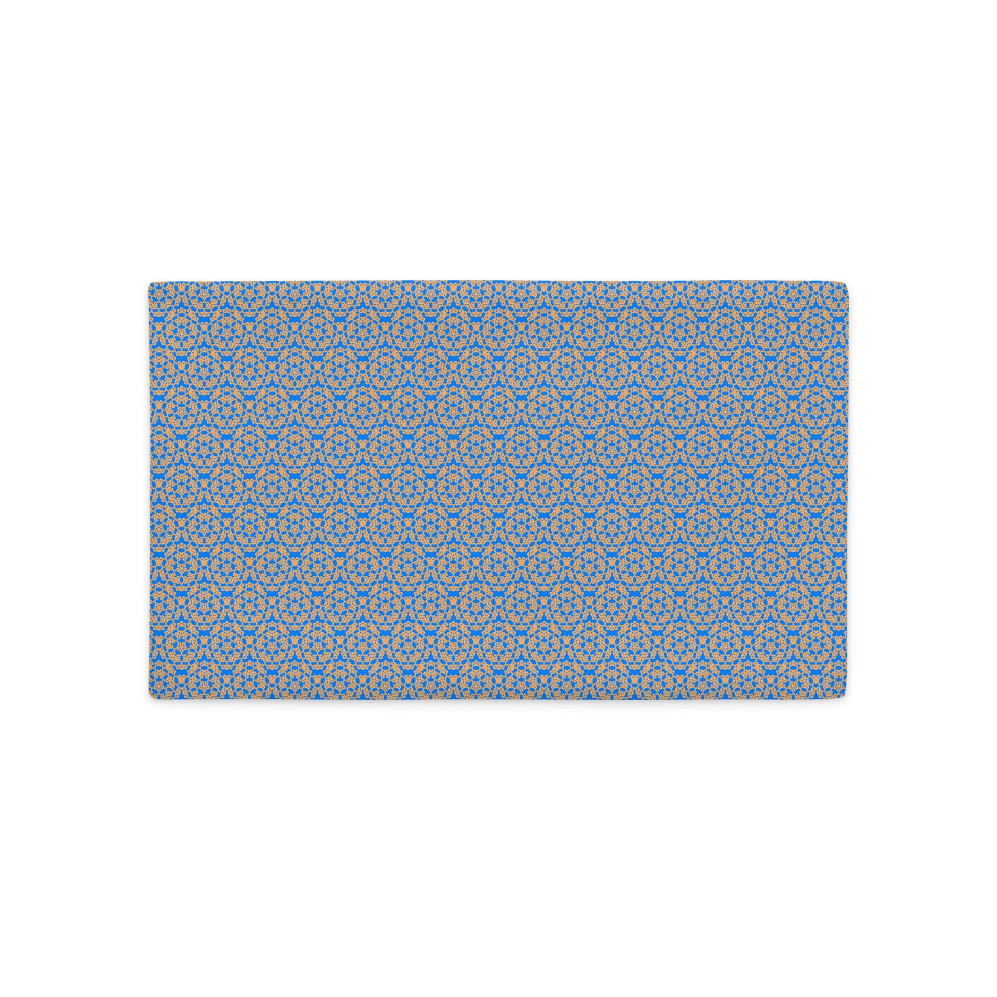 Back of the 20″×12″ premium throw pillow cover with the 'Pentagon' blue and yellow geometric pattern.