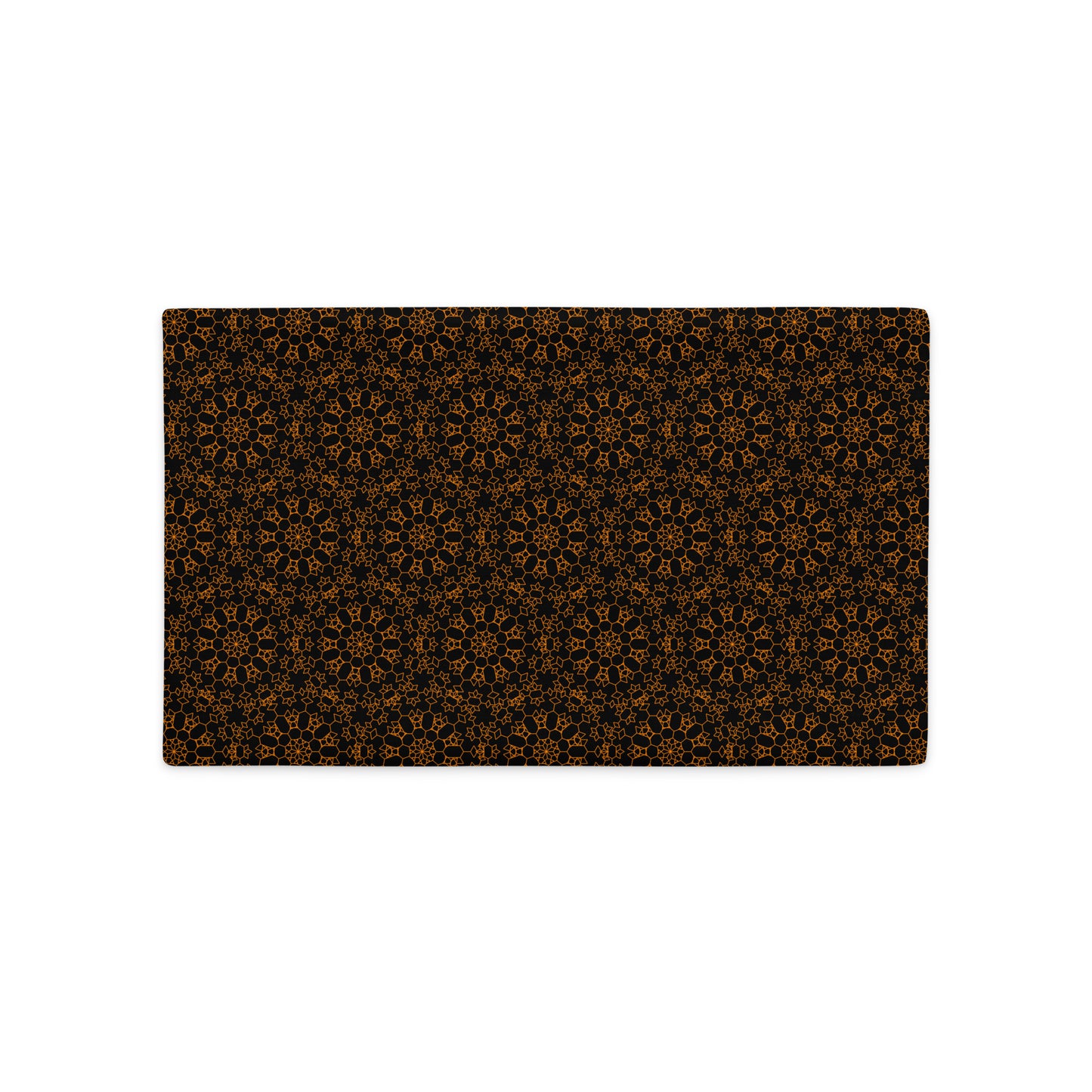 Back of the 20″×12″ premium throw pillow cover with the 'Enneagon' black & gold geometric pattern.