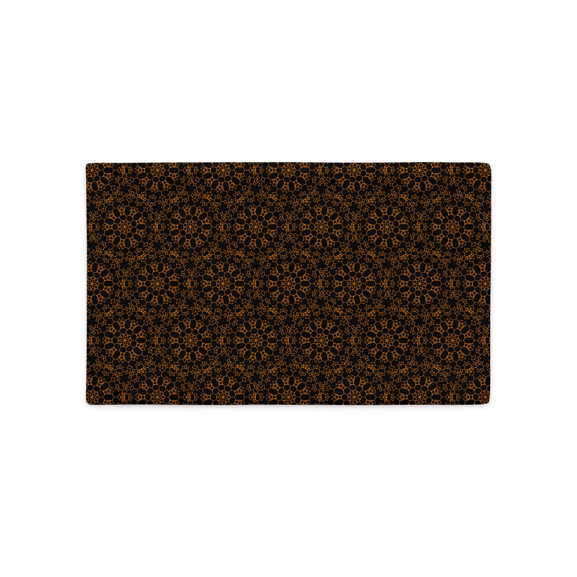 Back of the 20″×12″ premium throw pillow cover with the 'Enneagon' black & gold geometric pattern.