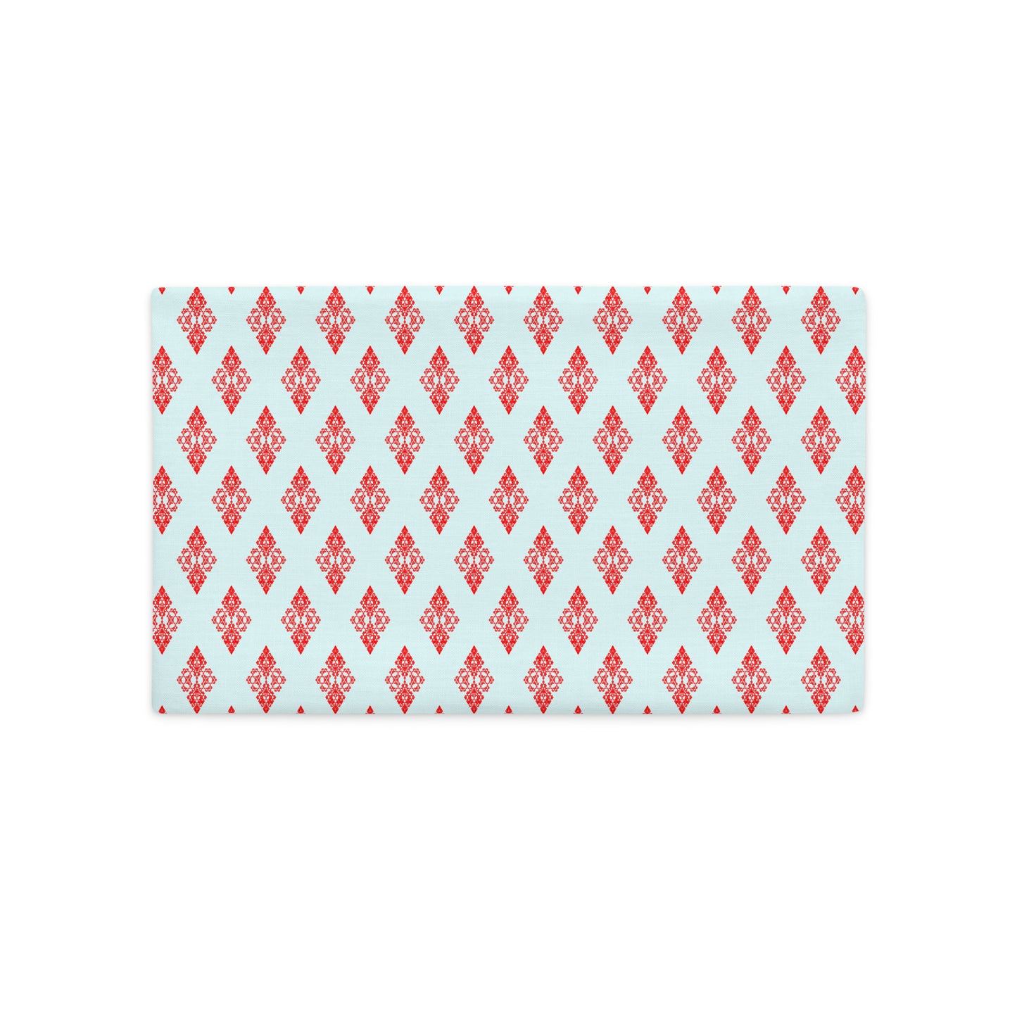 Front of the 20″×12″ premium throw pillow cover with the 'Digon' sky blue and red geometric pattern.