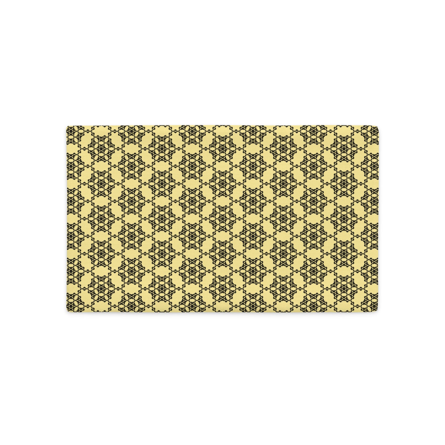 Front of the 18″×18″ premium throw pillow cover with the 'Hexagon' yellow and black geometric pattern.