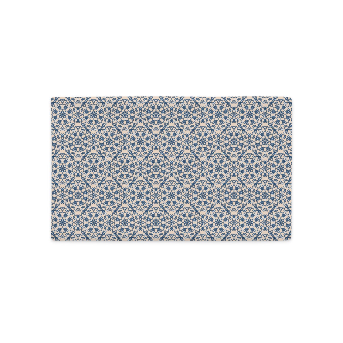 Front of the 20″×12″ premium throw pillow cover with the ‘Octagon’ navy and beige geometric pattern.