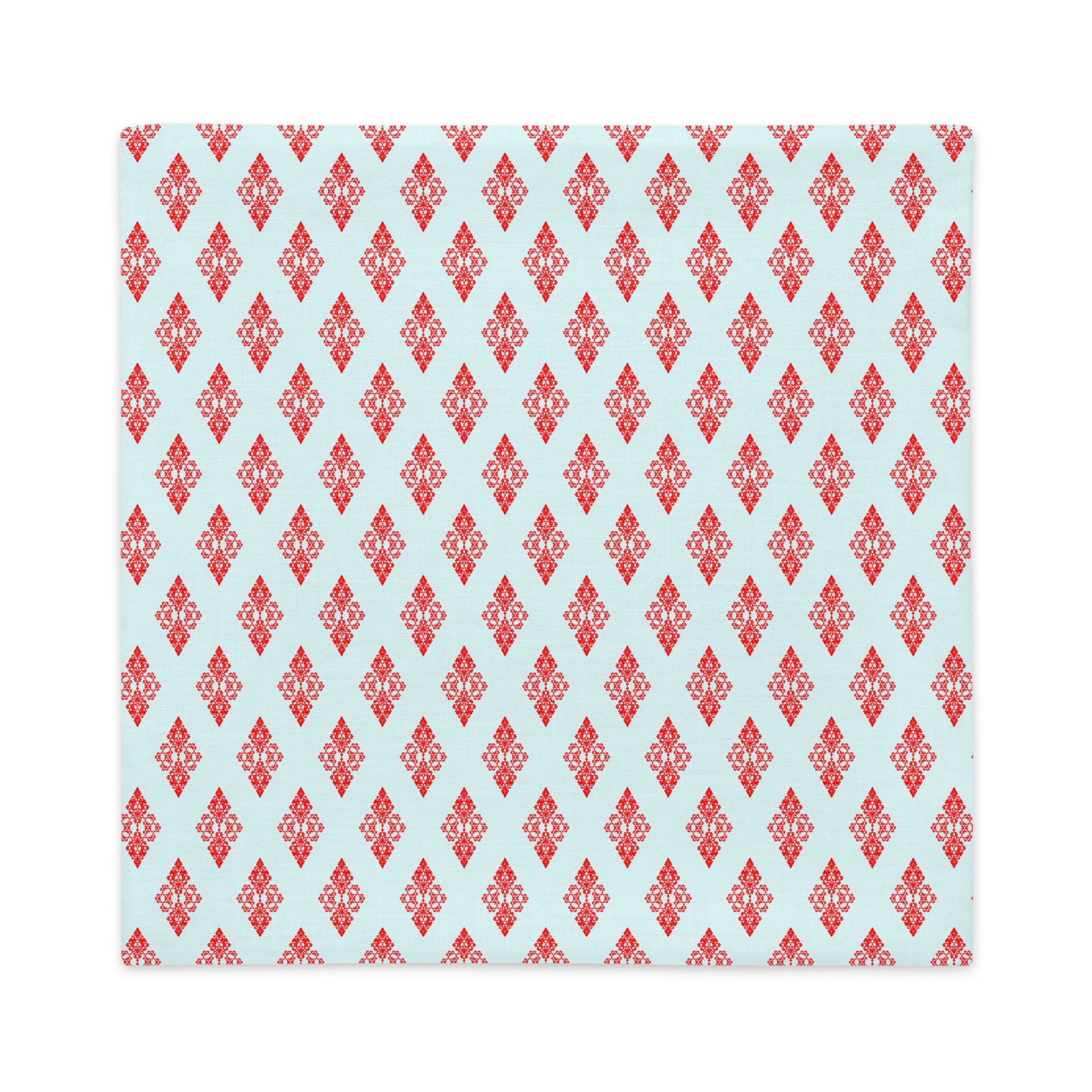 Back of the 22″×22″ premium throw pillow cover with the 'Digon' sky blue and red geometric pattern.