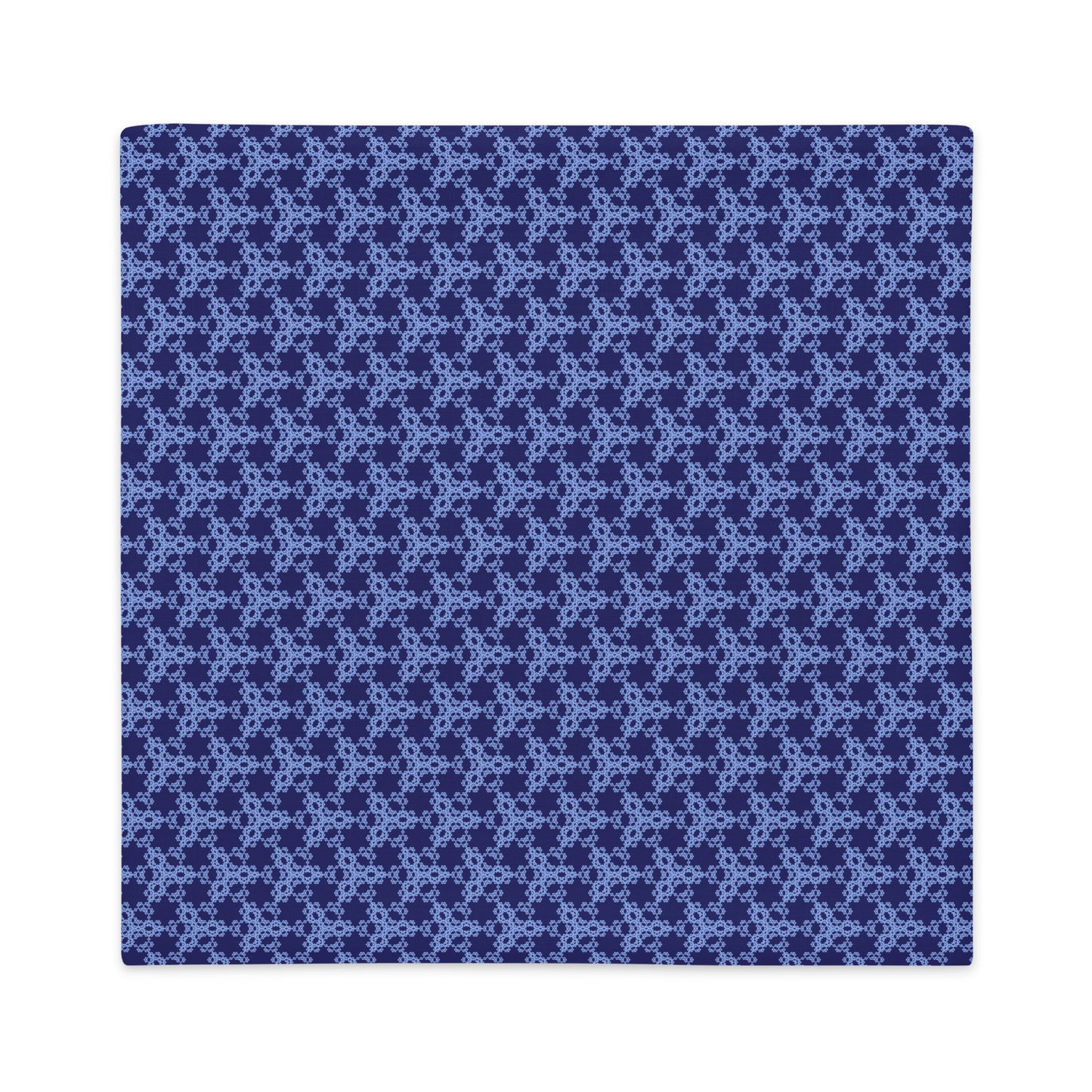 Back of the 22″×22″ premium throw pillow cover with the 'Trigon' navy and blue geometric pattern.