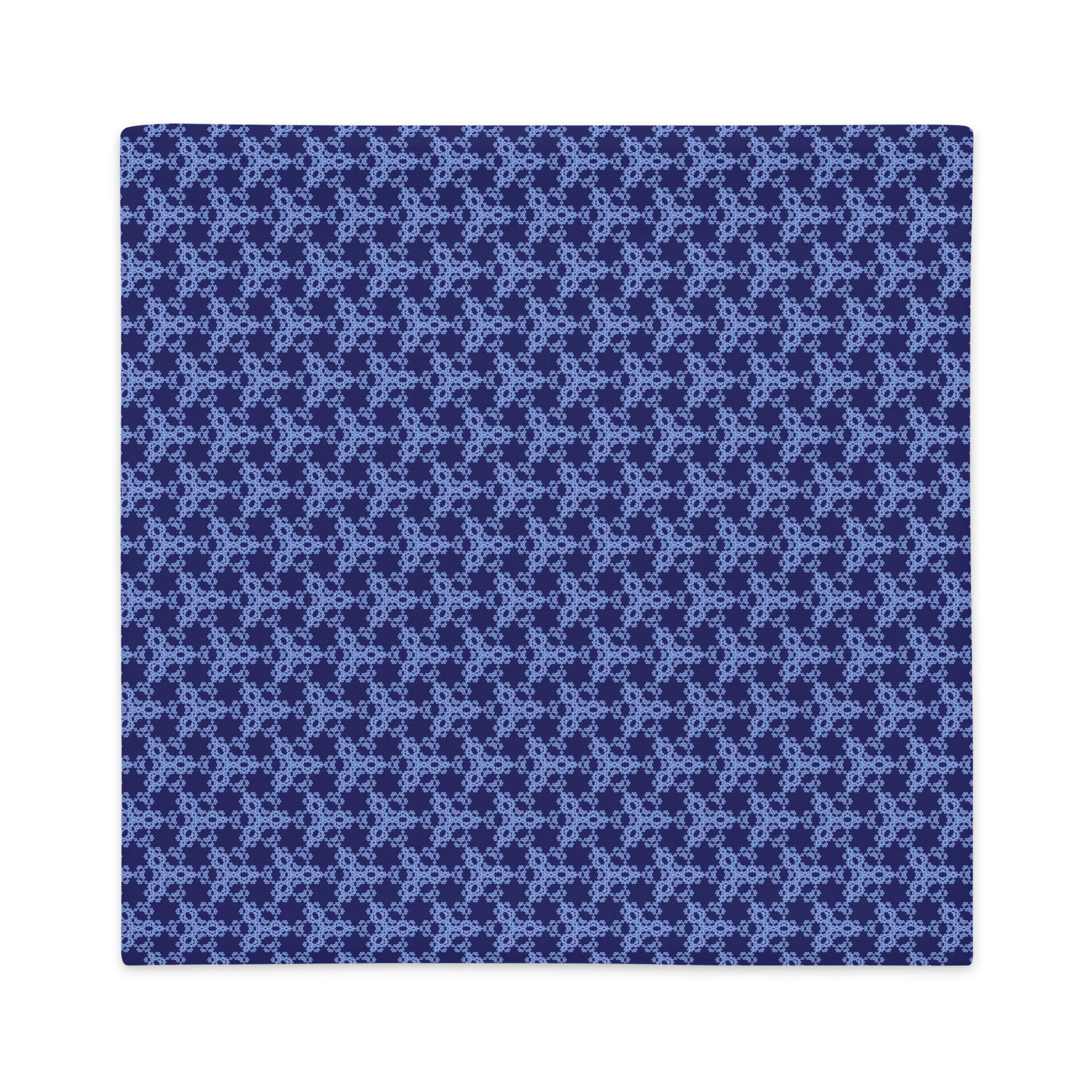 Back of the 22″×22″ premium throw pillow cover with the 'Trigon' navy and blue geometric pattern.