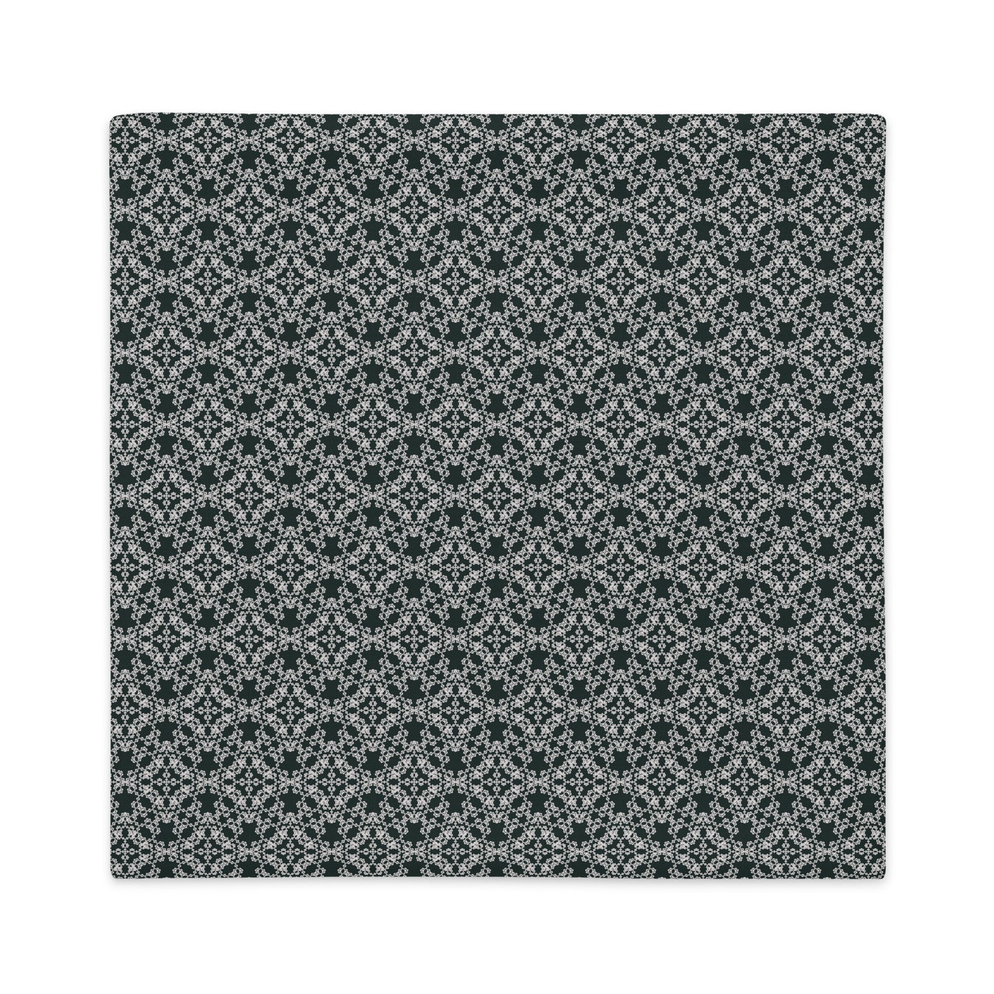 Back of the 18″×18″ premium throw pillow cover with the 'Tetragon' charcoal and white geometric pattern.