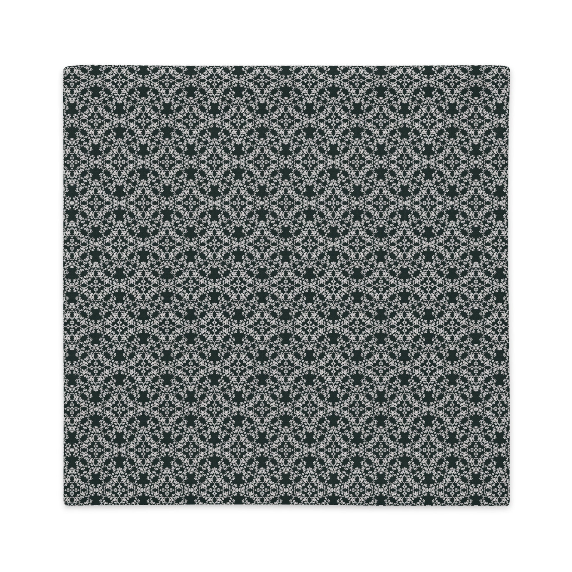Back of the 18″×18″ premium throw pillow cover with the 'Tetragon' charcoal and white geometric pattern.