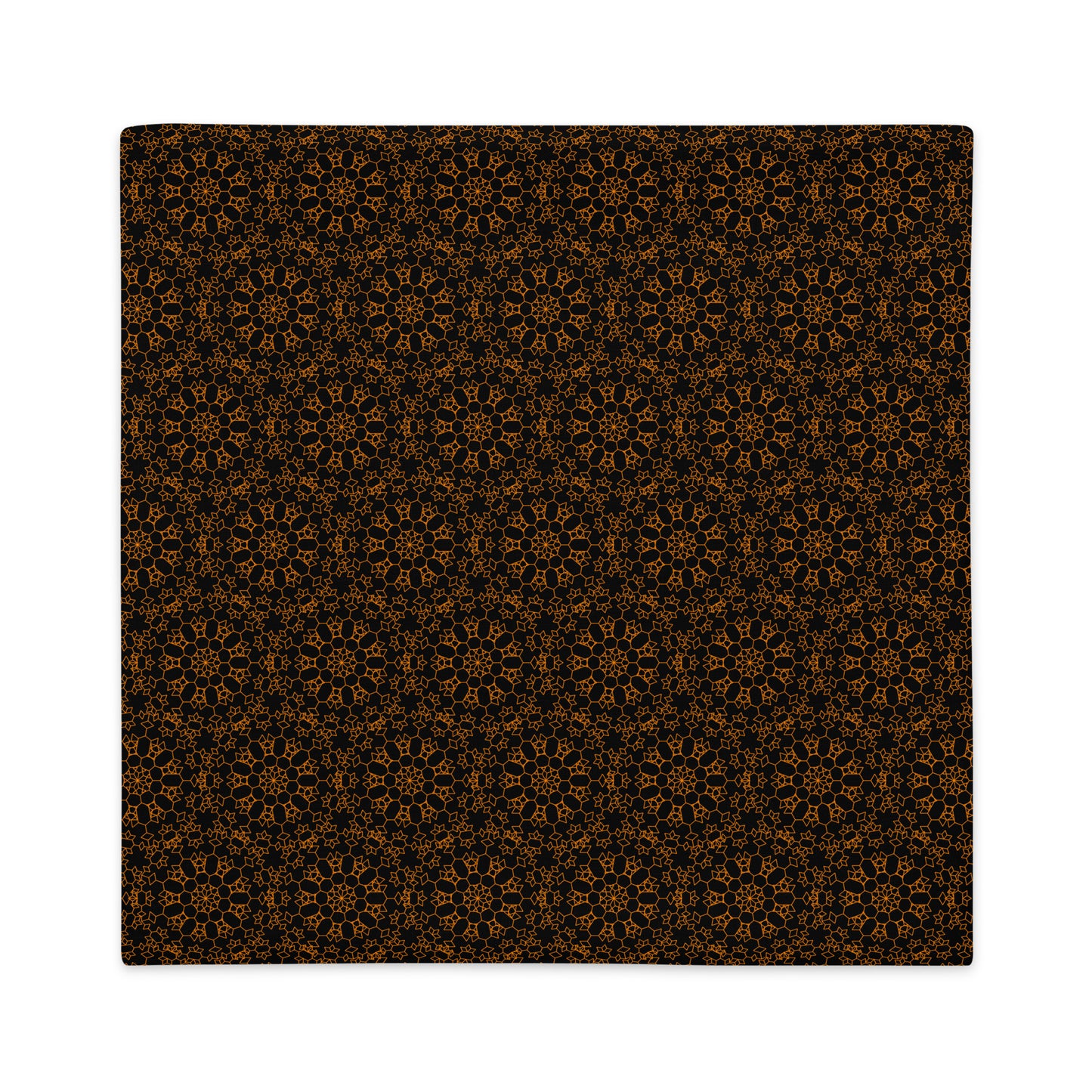 Back of the 22″×22″ premium throw pillow cover with the 'Enneagon' black & gold geometric pattern.
