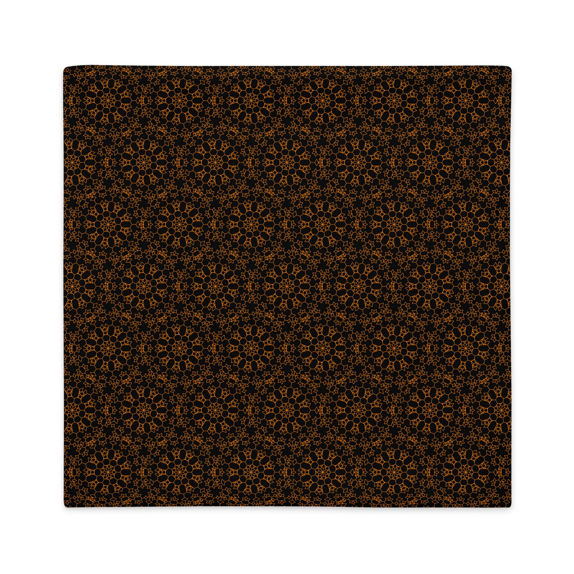 Back of the 22″×22″ premium throw pillow cover with the 'Enneagon' black & gold geometric pattern.